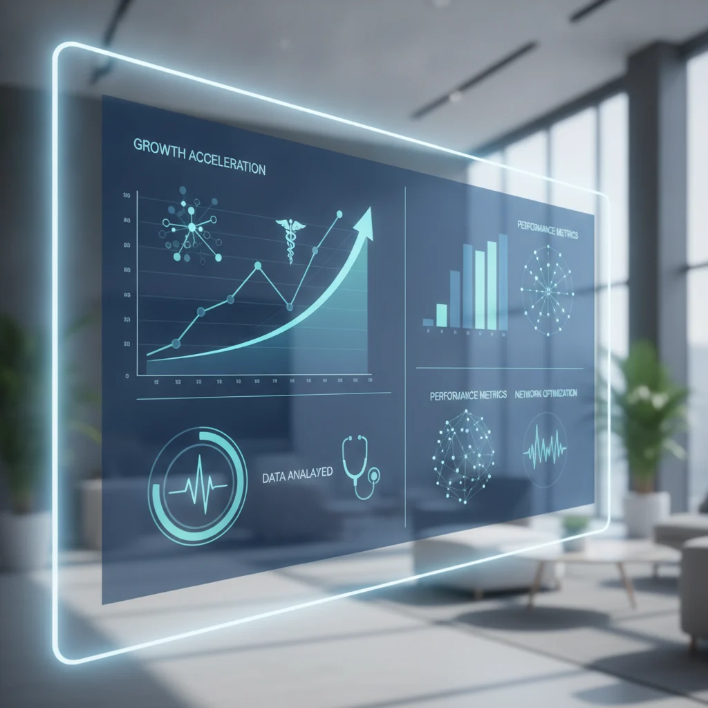 A professional, modern, and clean image depicting a digital dashboard or interface with charts and data visualizations, subtly hinting at medical or healthcare themes through subtle icons (like a caduceus, stethoscope, or heart monitor line, but not overtly medical or cartoonish). Focus on growth, acceleration, and data analysis, with a sophisticated and trustworthy aesthetic reflecting advanced technology. NO text in image, NO competitors, NO low-lighting, NO cartoonish needles, NO emergency room chaos.