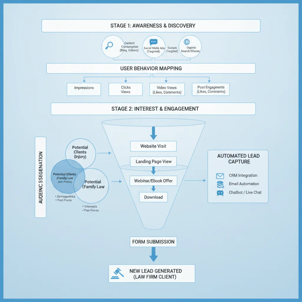 A detailed diagram showing a multi-stage funnel for social media lead generation for a law firm, illustrating user behavior mapping, audience segmentation, and automated lead capture. Clean, professional design with clear labels.