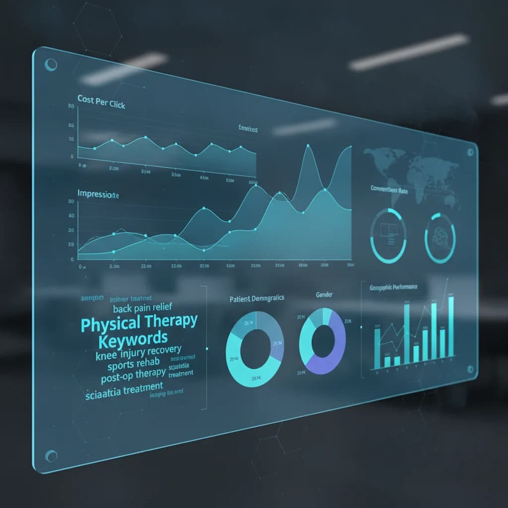 A digital dashboard showing graphs and data visualizations for PPC campaign performance, with a focus on physical therapy keywords and patient demographics. Clean, modern aesthetic, no text.