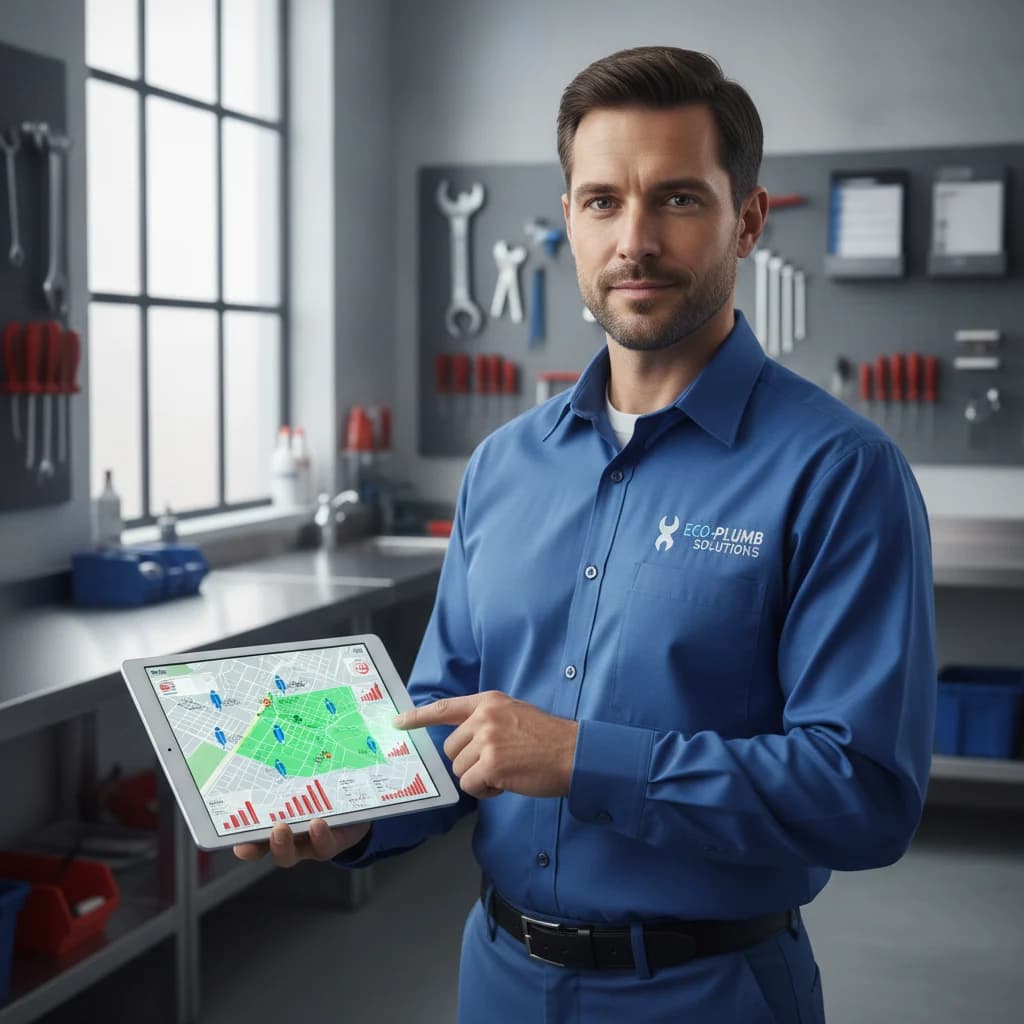 A professional plumber, wearing a clean uniform, looking confidently at a tablet displaying a map with highlighted service areas and customer demographic data overlays. The background is a modern, clean plumbing workshop, no messy tools. Bright, clear lighting. Focus on data-driven marketing and efficient service delivery.