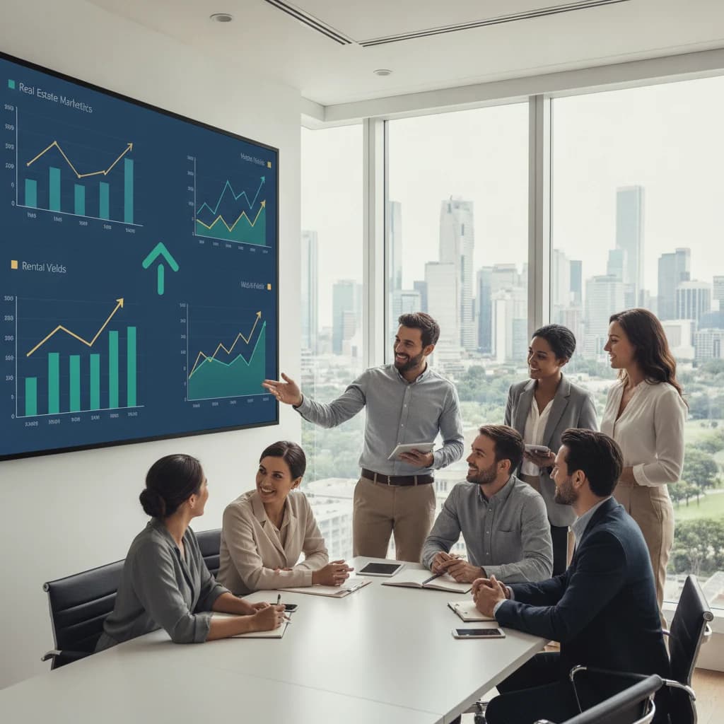 A diverse group of property managers and real estate investors collaboratively reviewing digital marketing analytics on a large screen, with graphs showing upward trends and a cityscape in the background. The scene is modern, professional, and bright, conveying growth and strategic planning. No text overlays, no competitors, no low-lighting, no blurred listings.