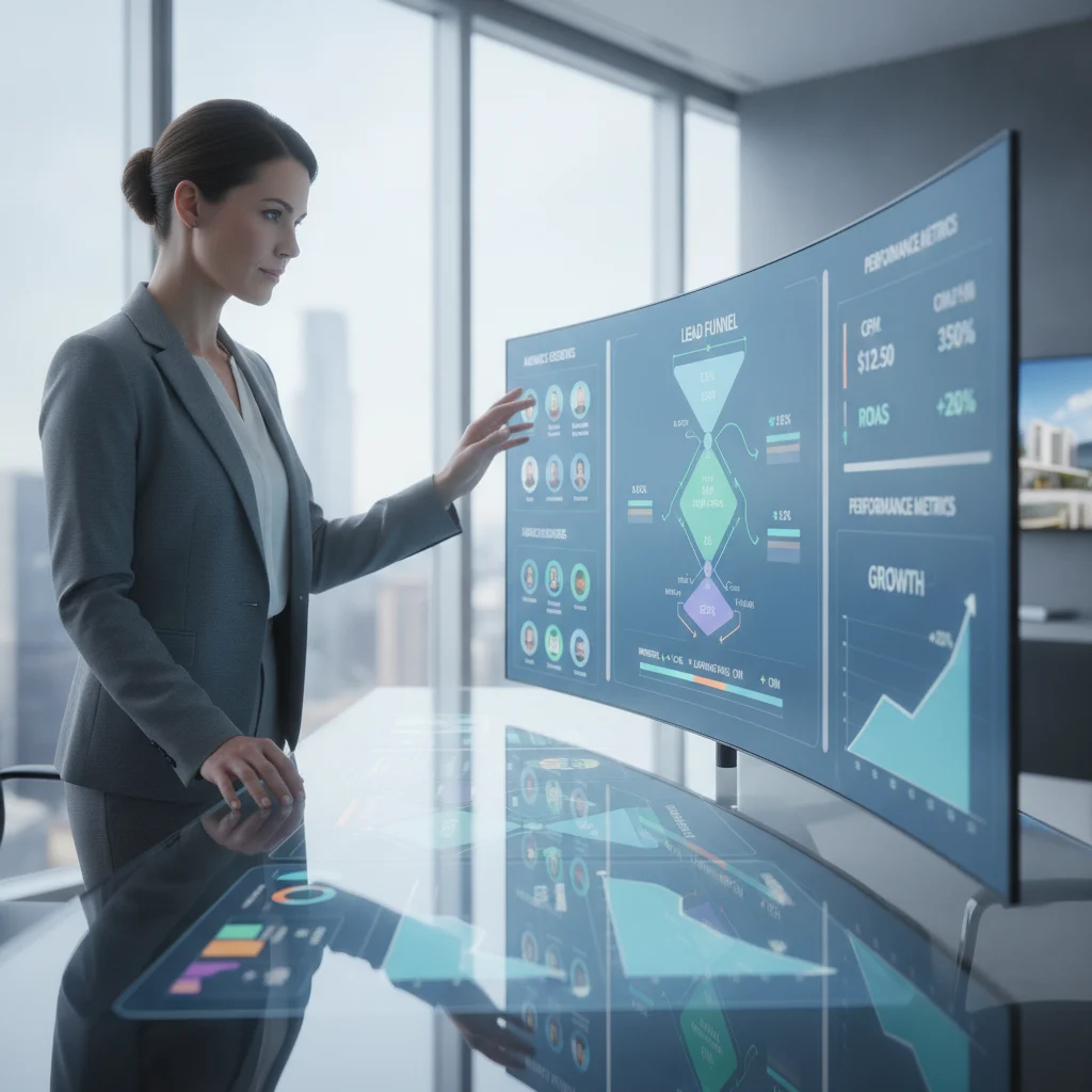 A professional real estate agent observing a complex digital dashboard showing various data points, audience segments, and lead funnels, representing programmatic advertising strategies. The image should convey precision, data-driven decisions, and growth, with a modern, clean aesthetic, no text overlays, no competitors, no low-lighting, no blurred listings.