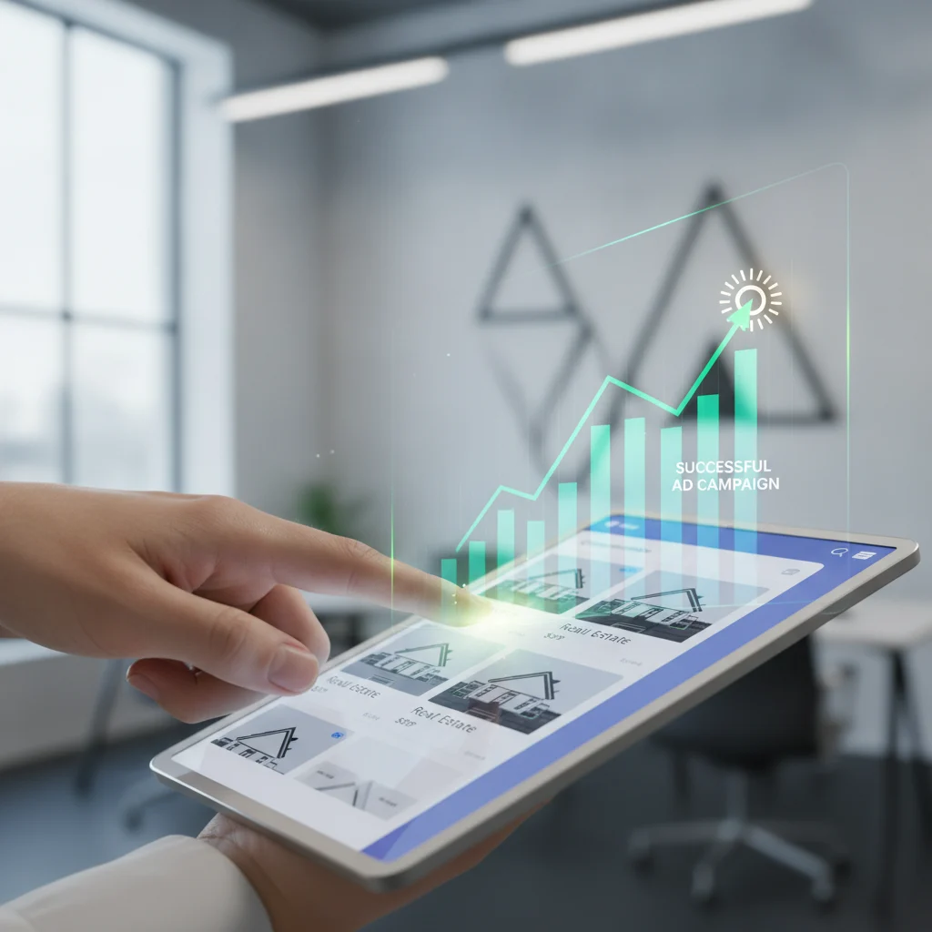 A vibrant, modern digital interface displaying real estate listings on a social media platform, with growth charts and analytics overlaid. A professional hand points to a successful ad campaign. Bright, clear lighting, emphasizing growth and digital strategy. No text, no blurred elements, no specific company logos.