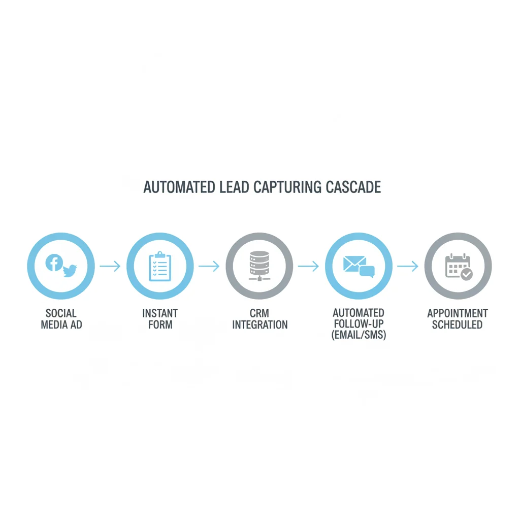 A detailed, modern infographic illustrating the automated lead capturing cascade: Social Media Ad -> Instant Form -> CRM Integration -> Automated Follow-up (email/SMS) -> Appointment Scheduled. The design should be clean, professional, and easy to understand, with icons representing each stage. NO text in image, NO competitors, NO low-lighting, NO safety violations.