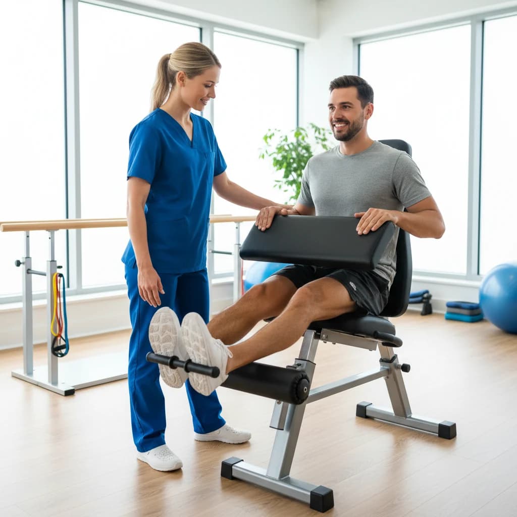 A physical therapist helping a patient with leg exercises in a modern, bright clinic. The patient is engaged and smiling. No hospital beds or text in the image. Focus on professional, encouraging atmosphere.