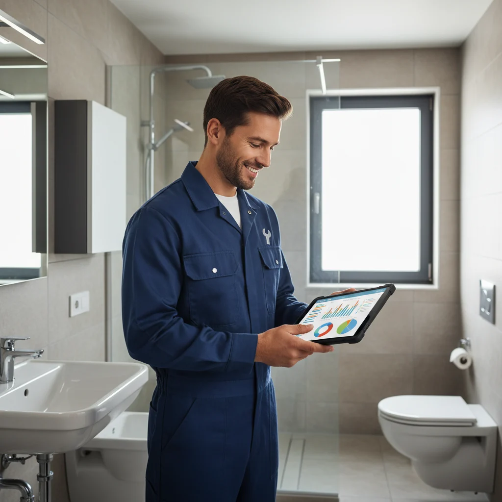 A professional plumber in a clean uniform, smiling and looking at a tablet displaying analytics and charts, standing in front of a modern, clean bathroom. The image should convey competence, technology, and good service. No text overlays, no competitors, no low-lighting, no exposed dangerous wires.