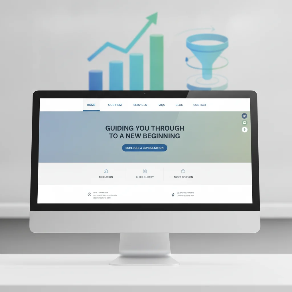 A professional, modern website interface for a divorce law firm, displayed on a sleek, high-resolution monitor. The design features calming, trustworthy colors, clear navigation, and a prominent call-to-action. Subtle analytics data and conversion funnel graphics are visible in the background, without any text overlays or competitors, under bright, even lighting.