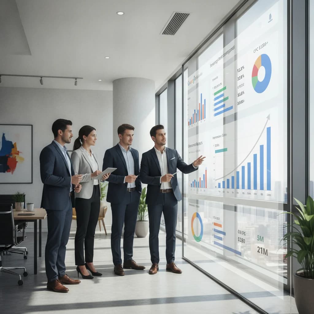 A professional and modern image of diverse legal professionals (attorneys, paralegals) in a contemporary office setting, looking at a large, clear digital display showing Google Ads campaign performance metrics (graphs, conversion rates). The image should convey strategic thinking, digital expertise, and success. No text overlays, no text in image, no competitors, no low-lighting, no generic gavels.