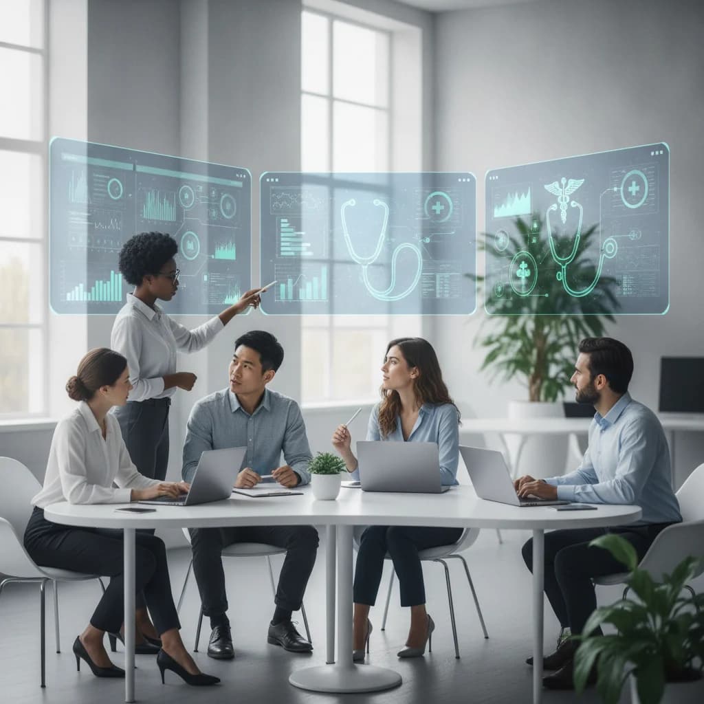 Professional, clean image depicting a diverse team of digital marketing experts collaboratively analyzing data on screens, with subtle medical symbols (e.g., stethoscope, caduceus) integrated abstractly into the background or UI elements. Bright, optimistic, and modern aesthetic. Focus on technology and collaboration in a healthcare marketing context. No text, no competitors, no low-lighting, no cartoonish needles, no emergency room chaos.