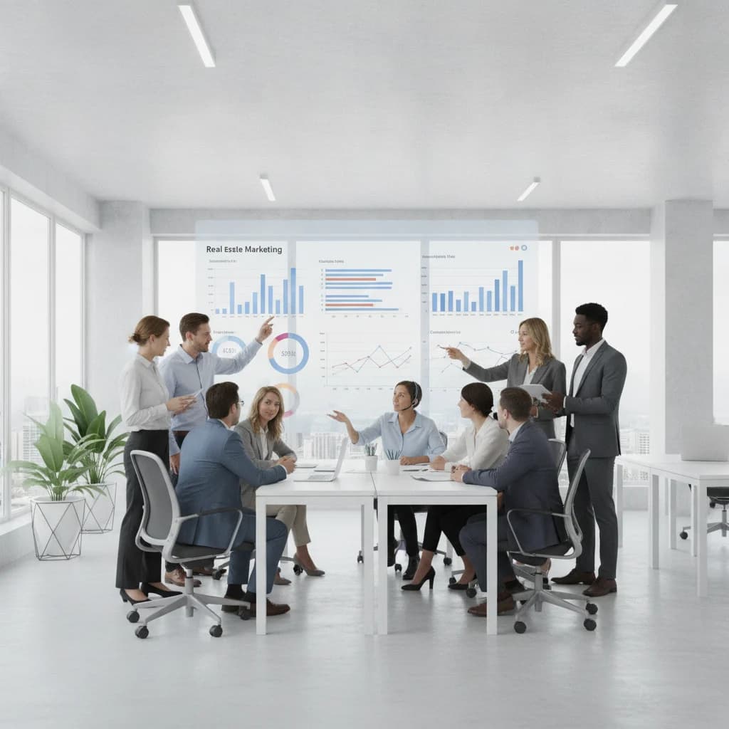 A professional, modern office setting with a diverse team collaborating around a digital marketing dashboard, showing charts and graphs related to real estate SEO performance. The team is focused, engaged, and using technology. Bright, clear lighting, no text overlays, no competitors visible, clean aesthetic.