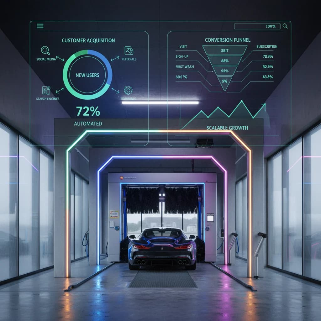 A sleek, modern car wash with vibrant LED lighting, a clean, high-tech website interface overlaid showing analytics and conversion funnels, illustrating automated customer acquisition and scalable growth. Bright, professional lighting, no text in image, no visible competitor logos.