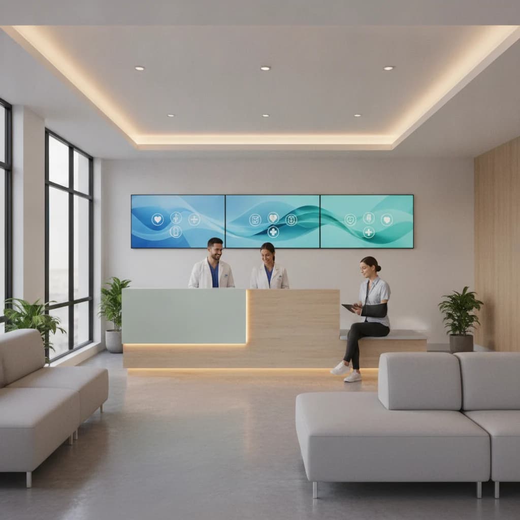 A bright, clean, modern urgent care clinic reception area, calm atmosphere, professional staff interacting with a patient at a front desk, focus on digital screens displaying healthcare information, warm and inviting lighting, no text, no visible competitor logos.