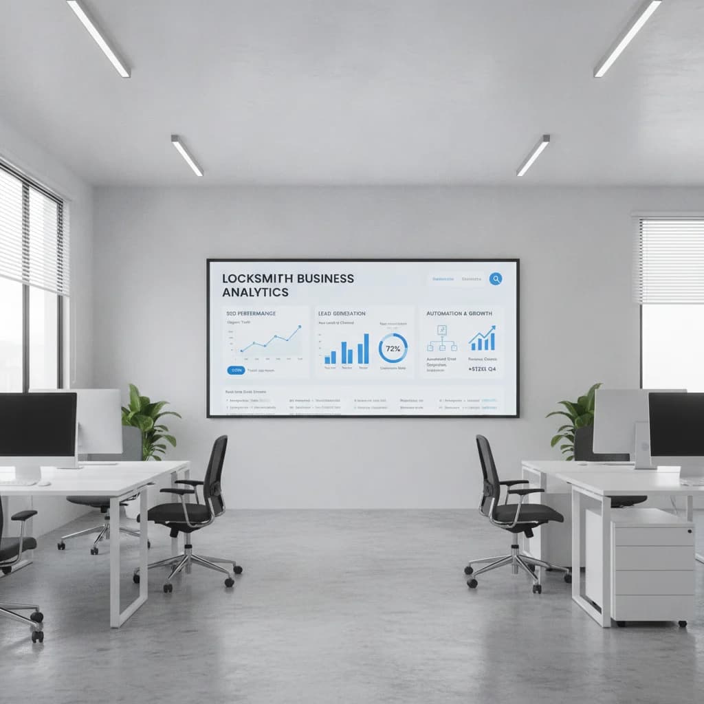 A modern, clean office environment with a digital dashboard displaying SEO analytics, graphs, and lead generation metrics, specifically tailored for a locksmith business. The focus is on data, growth, and automation, with no text or identifiable company logos besides a generic digital agency interface. Bright and professional lighting.