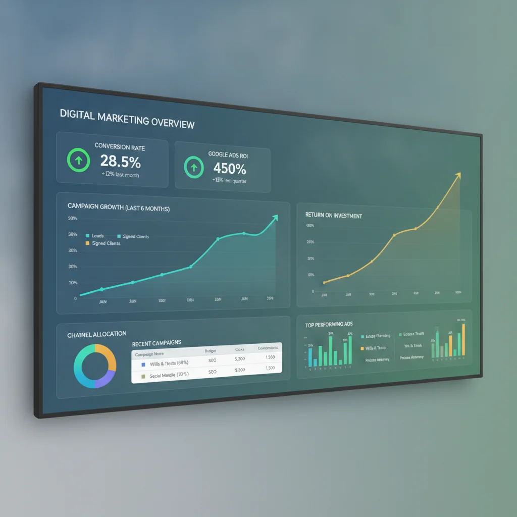 A professional digital marketing dashboard displaying high conversion rates and targeted Google Ads campaigns for an estate planning law firm, with charts showing growth and ROI, no text overlays, clean and modern aesthetic