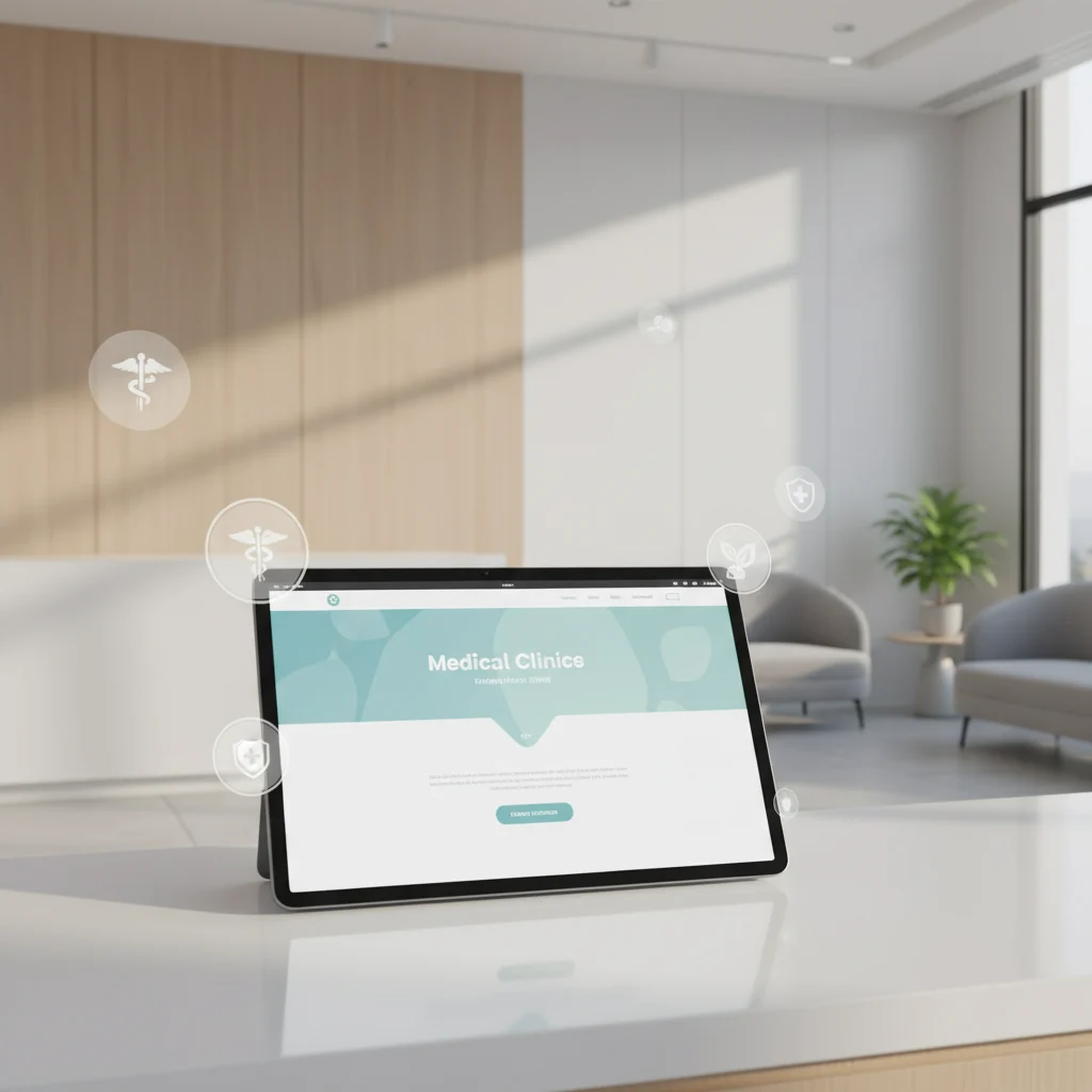 A modern, clean medical clinic reception area with a digital tablet displaying a professional website, featuring subtle healthcare iconography and a clear, inviting design. The scene conveys trust, professionalism, and digital efficiency, with soft, natural lighting. No text in the image, no competitors, no cartoonish needles, no emergency room chaos.