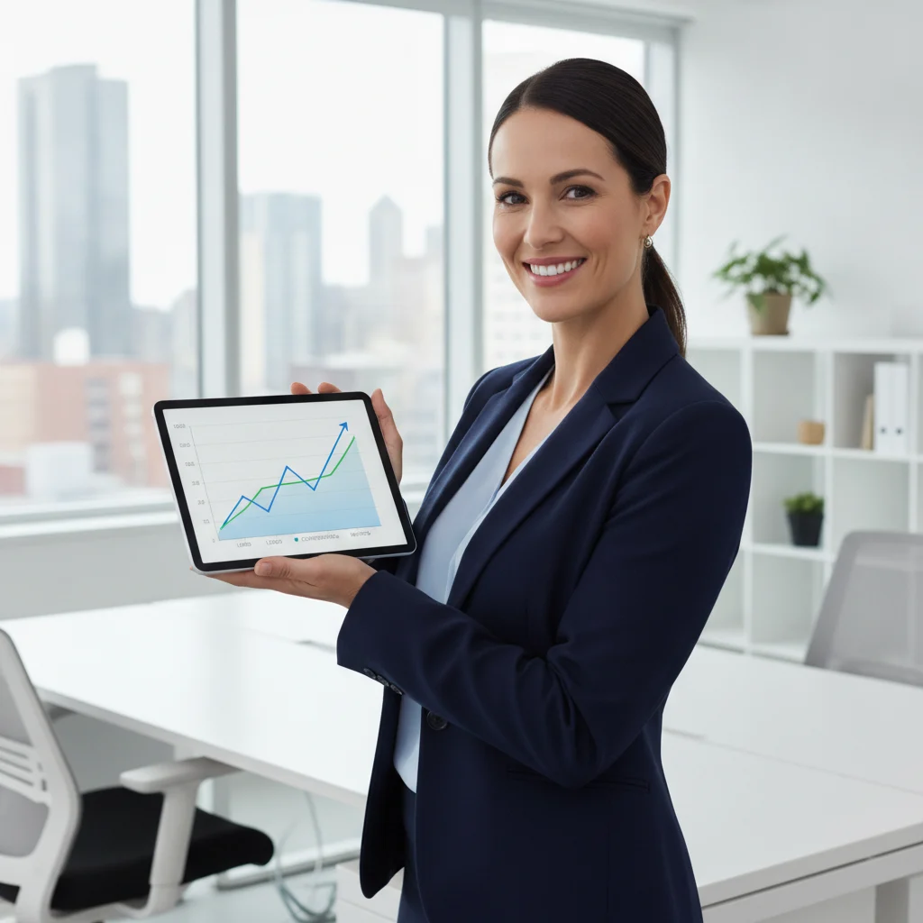 A professional property manager smiling confidently while looking at a tablet displaying a clear, positive graph showing increasing leads and conversions, set in a modern, well-lit office. The image should convey success and efficiency, without text overlays or competitor logos.