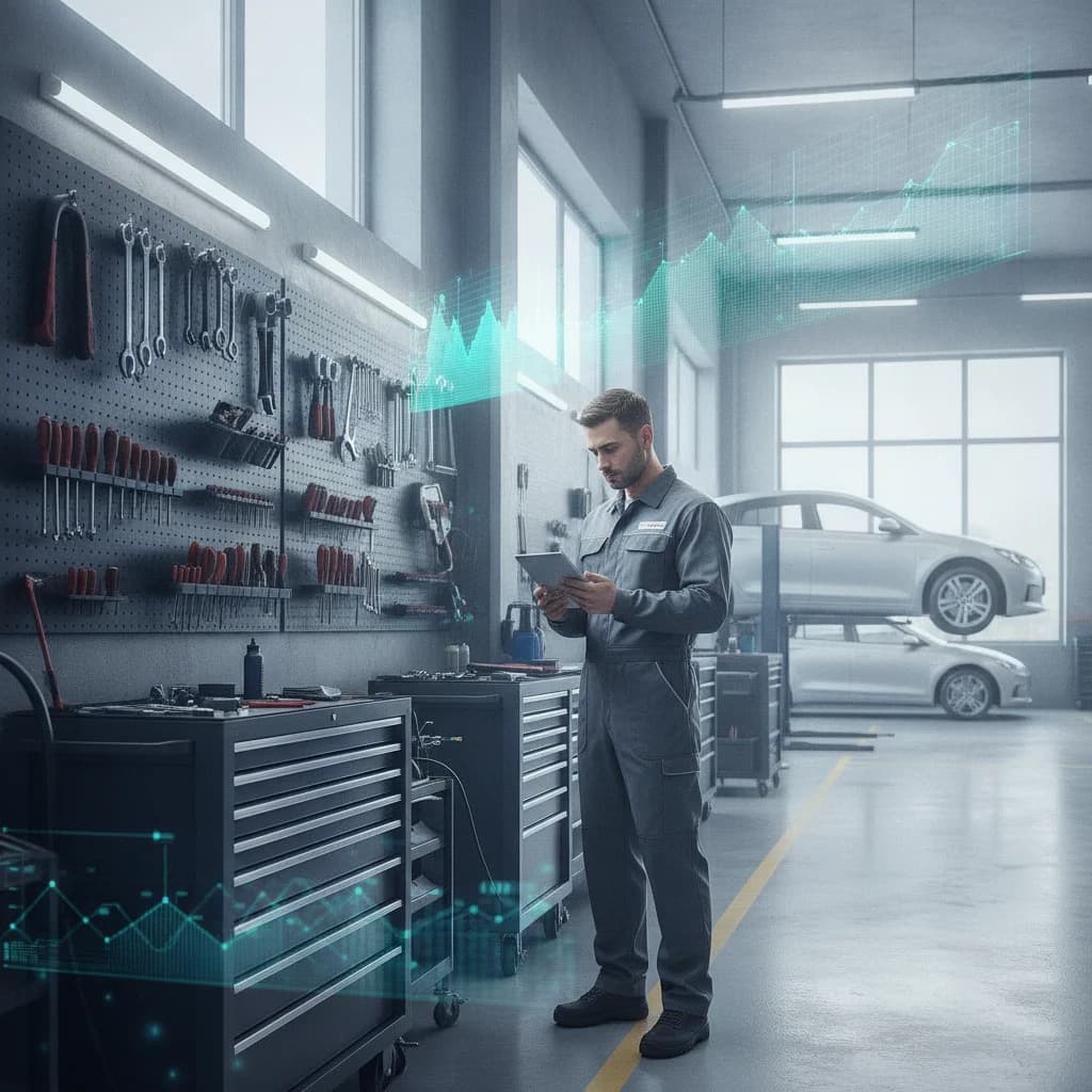 A modern, clean auto repair shop with a technician looking at a tablet, surrounded by well-organized tools. Digital graphs and charts showing website traffic and customer acquisition are subtly overlaid in the background, representing data-driven marketing. The scene is bright and professional, with no text or visible competitor branding. No low-lighting.