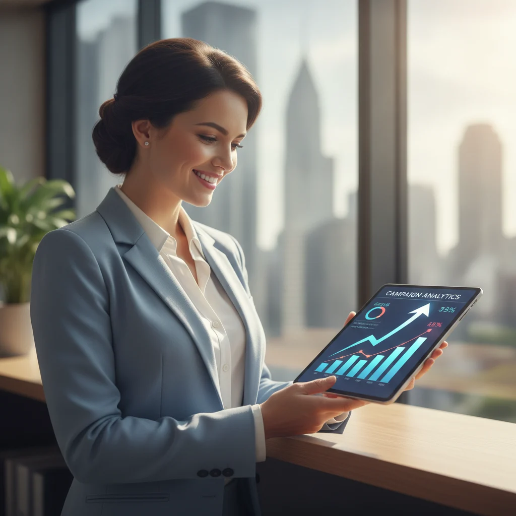 A professional real estate agent smiling confidently while looking at a tablet displaying social media ad performance metrics, with a stylized graph showing growth and a house icon in the background. The scene should convey success, digital marketing, and real estate, with a bright, clean aesthetic. NO text overlays, NO text in image, NO competitors, NO low-lighting, NO blurred listings.