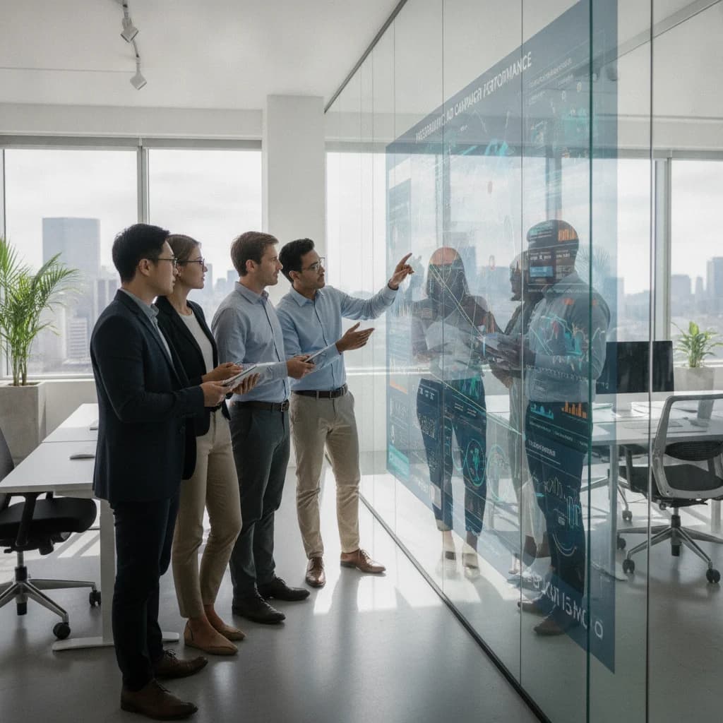 A diverse group of real estate professionals, including agents and brokers, are gathered around a large digital screen displaying various property listings and complex data visualizations, representing programmatic ad campaign performance. The setting is a modern, bright office with a collaborative atmosphere. The image should convey professionalism, data-driven strategy, and successful collaboration, with no text overlays or brand logos.