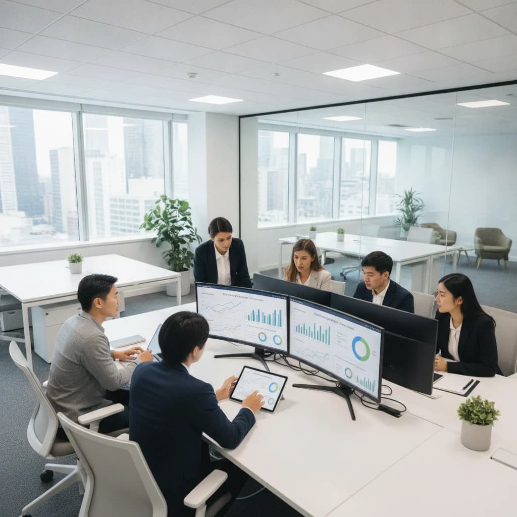 A diverse group of real estate agents and ITZ Digital marketing specialists collaboratively analyzing data on multiple screens, showing graphs and charts related to social media ad performance and ROI, in a modern, well-lit office environment. The mood is focused and productive. No text in image, no text overlays, no competitors, no low-lighting, no blurred listings.