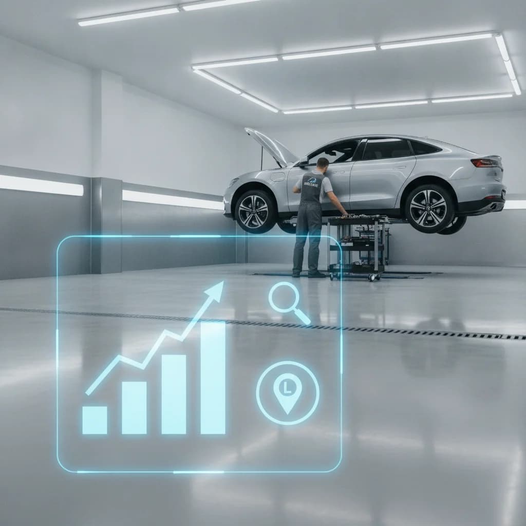 A modern, clean auto repair shop interior with a mechanic working on a vehicle, while in the foreground, a transparent digital overlay shows a bar graph trending upwards, a magnifying glass icon, and a map pin icon, symbolizing SEO growth and local search. Bright lighting, no text, no competitors.