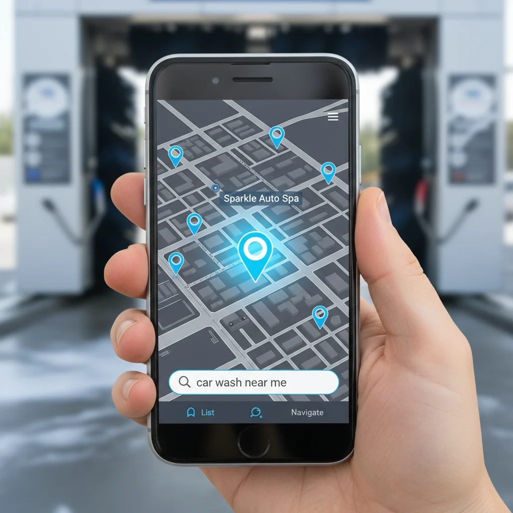 A sleek, modern smartphone displaying a map application with multiple pin locations for car washes, highlighting one specific location prominently. The screen shows a search bar with "car wash near me" typed in. The background is a blurred, clean car wash entrance. The image has bright, even lighting and no text overlays.