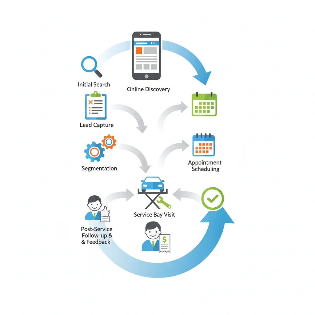 A detailed, modern infographic illustrating the auto repair customer journey, from initial search to conversion, with arrows showing lead capture and segmentation. Clean, professional design with no text in the image.