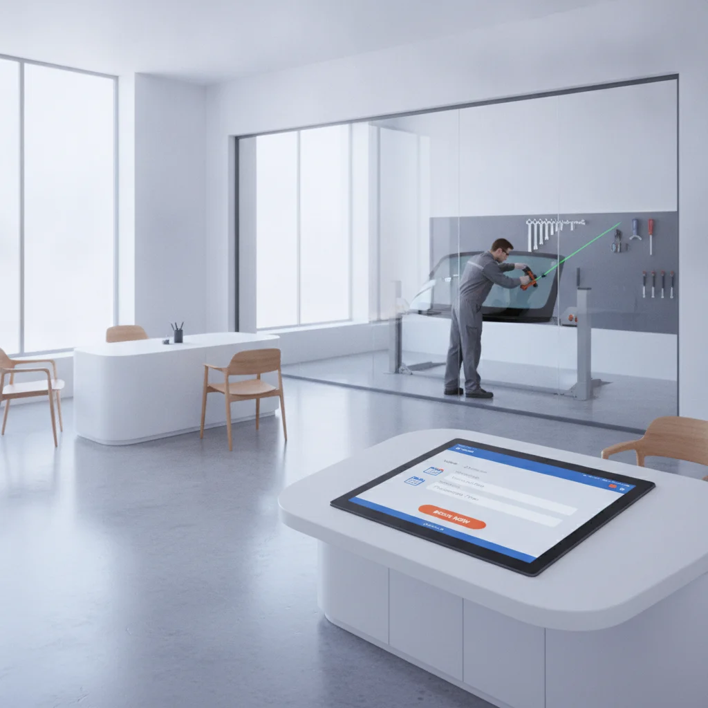 A modern, sleek auto glass repair shop interior with a clean, well-lit reception area. A digital tablet displays an online booking form, symbolizing efficient lead capture. In the background, a technician is carefully inspecting a windshield, representing precision and quality service. The overall mood is professional and trustworthy, with no text, no competitors, no low-lighting, and no broken glass.