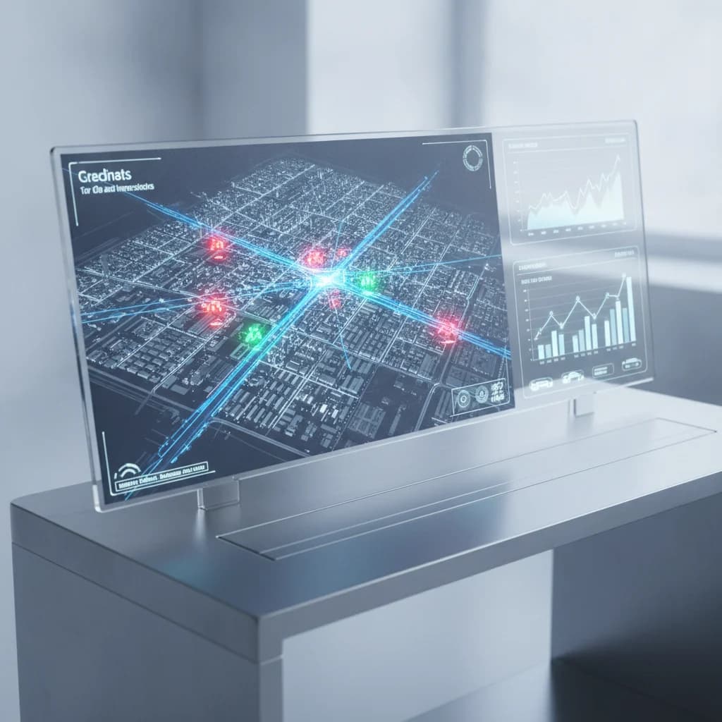 A high-tech digital control panel displaying a detailed map of a city with various color-coded data points representing vehicle density, accident hotspots, and real-time ad impressions for auto windshield services. The interface shows analytics dashboards with upward trending graphs, all in a clean, professional, and futuristic style. No text, no competitors, no low-lighting, no broken glass.