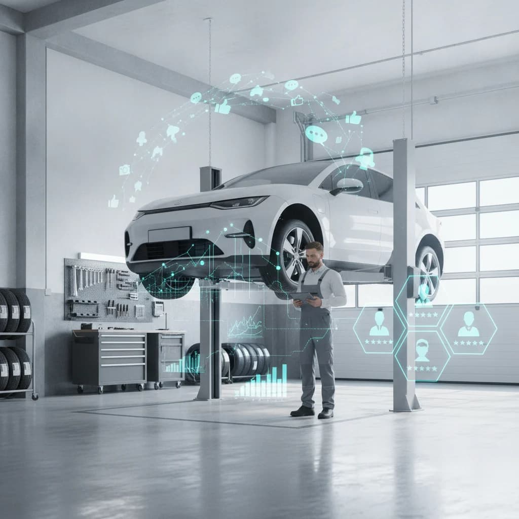A clean, modern auto repair shop bay with a mechanic working on a car, overlaid with subtle digital elements representing social media icons, data analytics charts, and customer profiles, symbolizing targeted advertising. The image should be bright, professional, and focus on the synergy between physical auto repair and digital marketing. No text in image, no competitors, no low-lighting, no dirty environments.