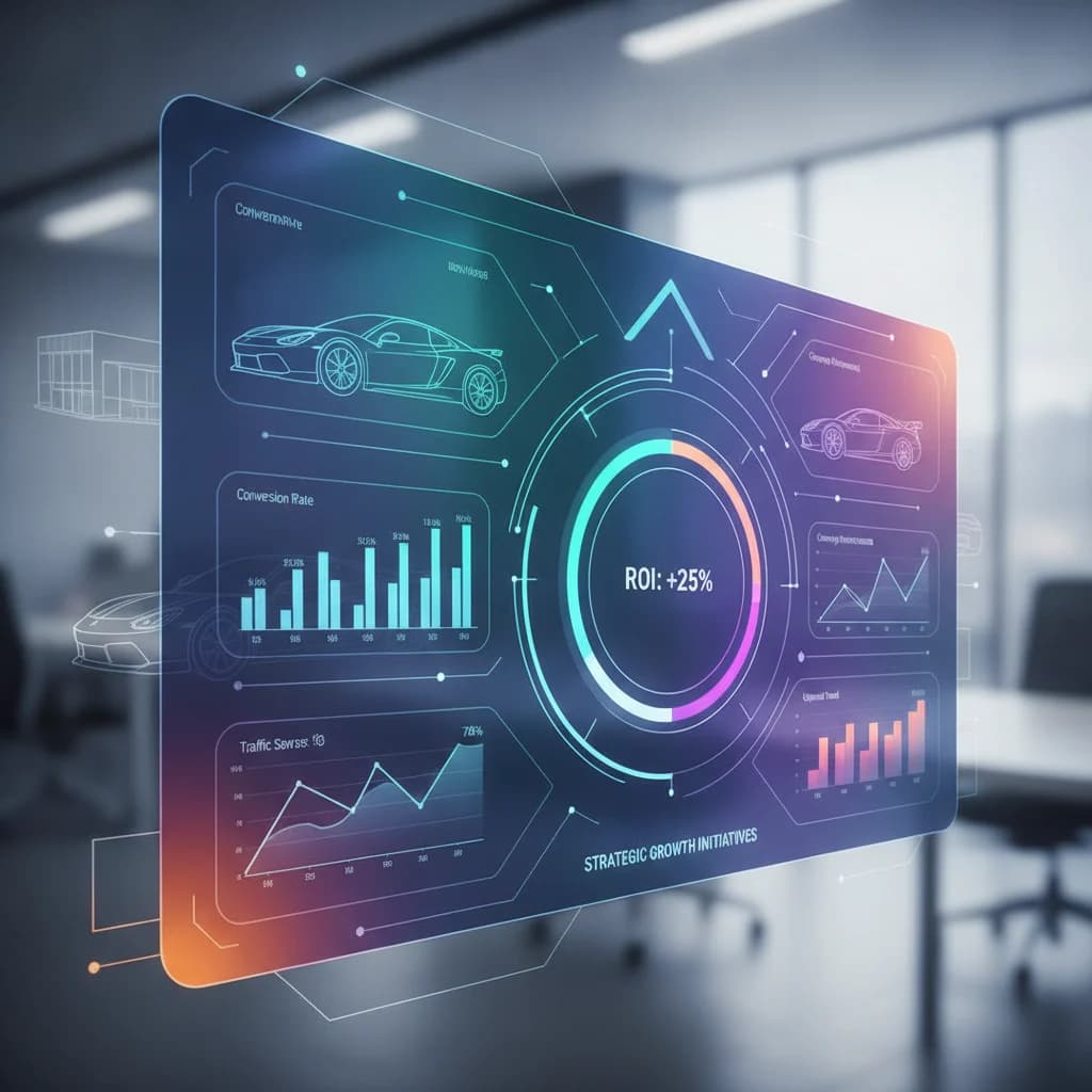 A sleek, modern dashboard displaying various digital marketing metrics and analytics, overlaid with subtle, abstract images of luxury cars and car dealerships in the background, symbolizing the automotive industry. The color palette should be vibrant and professional, avoiding any text, competitors, low-lighting, or car crashes. Focus on data visualization and strategic growth.