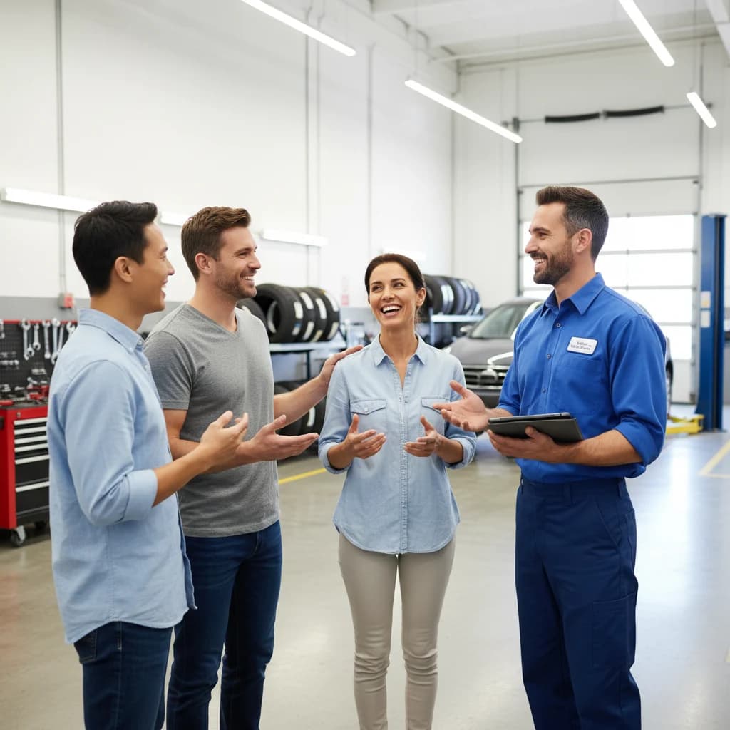 A diverse group of people, appearing relieved and satisfied, interacting with a friendly, professional tire repair technician in a clean, modern auto service center. The scene is brightly lit, focusing on positive customer service, with tools and tires visible in the background, but no flat tires or text. The image conveys trust and efficiency.