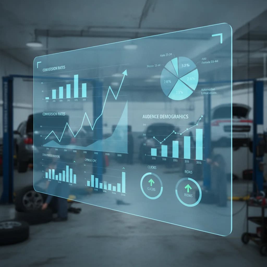A modern, clean digital dashboard with various charts and graphs representing programmatic ad performance. Metrics like CPM, CPC, conversion rates, and audience demographics are clearly visible with a positive trend. In the background, subtly blurred, is a busy tire repair shop with mechanics working on vehicles. The image should convey precision and data-driven results for automotive businesses. NO text in image, NO competitors, NO low-lighting.