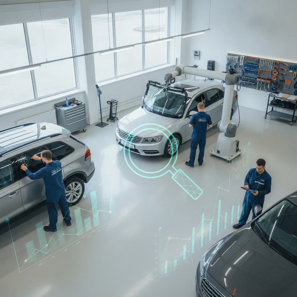 A detailed, high-angle shot of a modern, clean auto windshield repair shop with technicians working, overlaid with subtle digital analytics graphs and a magnifying glass icon, symbolizing SEO optimization. The image should convey professionalism and technological integration, with no text, no competitors, no low-lighting, and no broken glass.