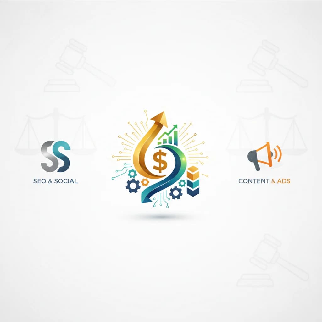 A bright, professional, and dynamic image depicting three abstract representations of digital marketing services or agency logos, arranged in a comparison layout, with one prominently highlighted as superior. The highlighted section should have subtle elements suggesting high conversion, automation, and scalability. The background should be clean and modern, perhaps with subtle legal-themed elements like gavels or scales, but without any text. Focus on bright, professional aesthetics, no low-lighting, and no visible competitor names.