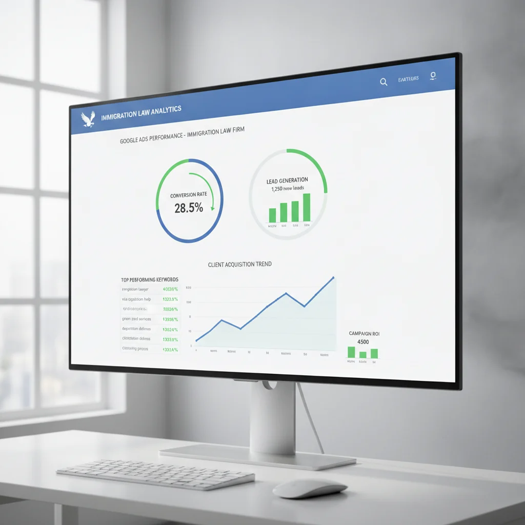 A professional, modern digital marketing dashboard displaying Google Ads metrics for an immigration law firm, with charts showing high conversion rates and lead generation. The screen shows keywords related to immigration services and a clear upward trend in client acquisition. No text overlays on the image itself, clean, bright aesthetic.