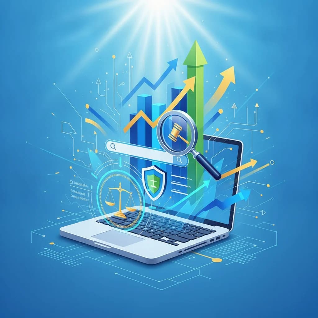 A professional, dynamic illustration of digital marketing success for a law firm, featuring upward trending charts, a magnifying glass over a search bar, and subtle legal motifs like a stylized gavel or scales of justice integrated into a sleek, modern digital interface. The lighting is bright and optimistic, conveying growth and success. NO text overlays, NO text in image, NO competitors, NO low-lighting.
