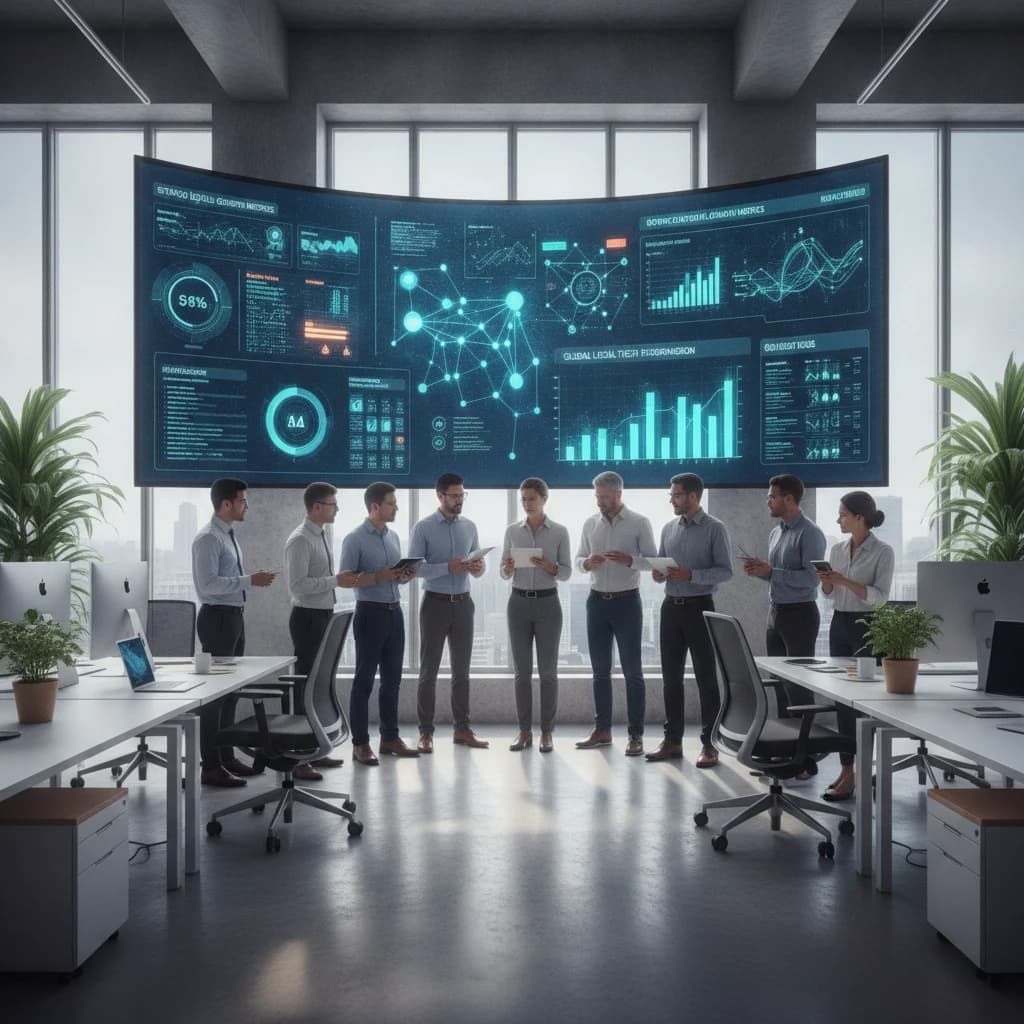 A diverse group of legal professionals collaborating in a modern, bright office, looking at data visualizations on a large screen, symbolizing strategic digital growth. NO text overlays, NO text in image, NO competitors, NO low-lighting.