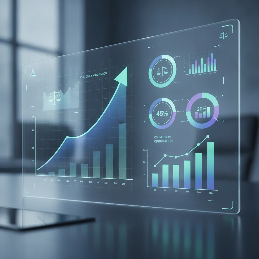A digital dashboard showing upward trending graphs and data visualizations, representing automated customer acquisition and conversion optimization for a law firm. The screen is clean, professional, and features abstract legal motifs in the background, brightly lit, no text in image.