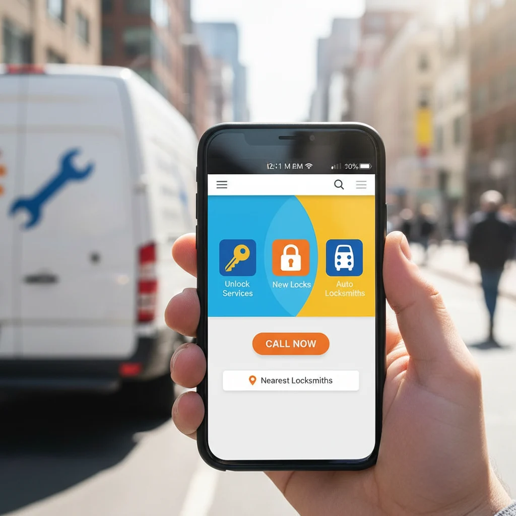 A detailed, close-up shot of a modern smartphone displaying a user-friendly locksmith website with a prominent "Call Now" button, with a blurred background showing a locksmith van in a city setting. The focus is on the digital interface and ease of access, with bright, inviting colors and no text on the phone screen or in the background.