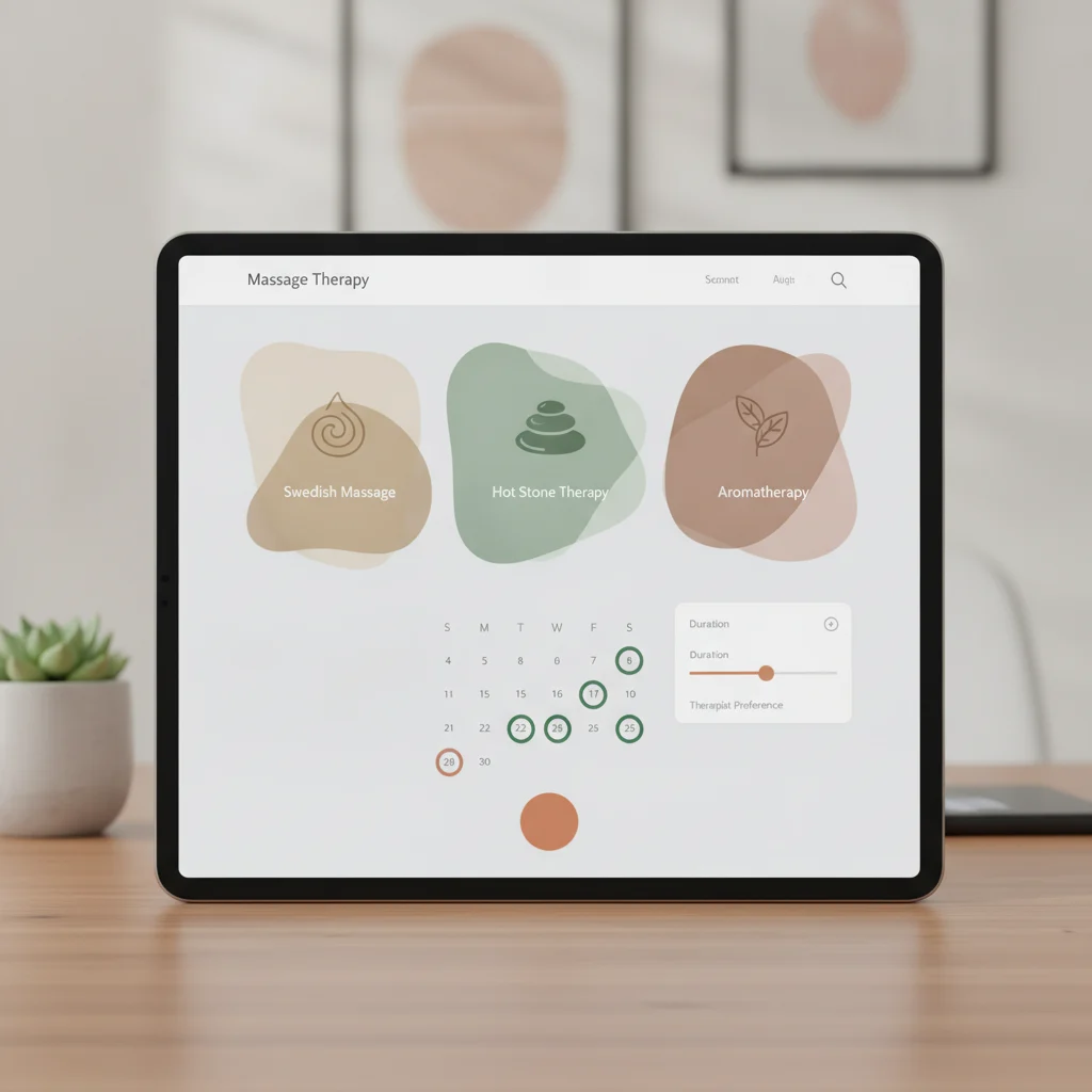 A modern, minimalist web design interface displaying a serene massage therapy booking page. The screen shows clear service options, a booking calendar, and calming earthy tones. The background is blurred, showing a professional workspace. The image should convey professionalism, ease of use, and a focus on conversion without any text, competitors, or low lighting.