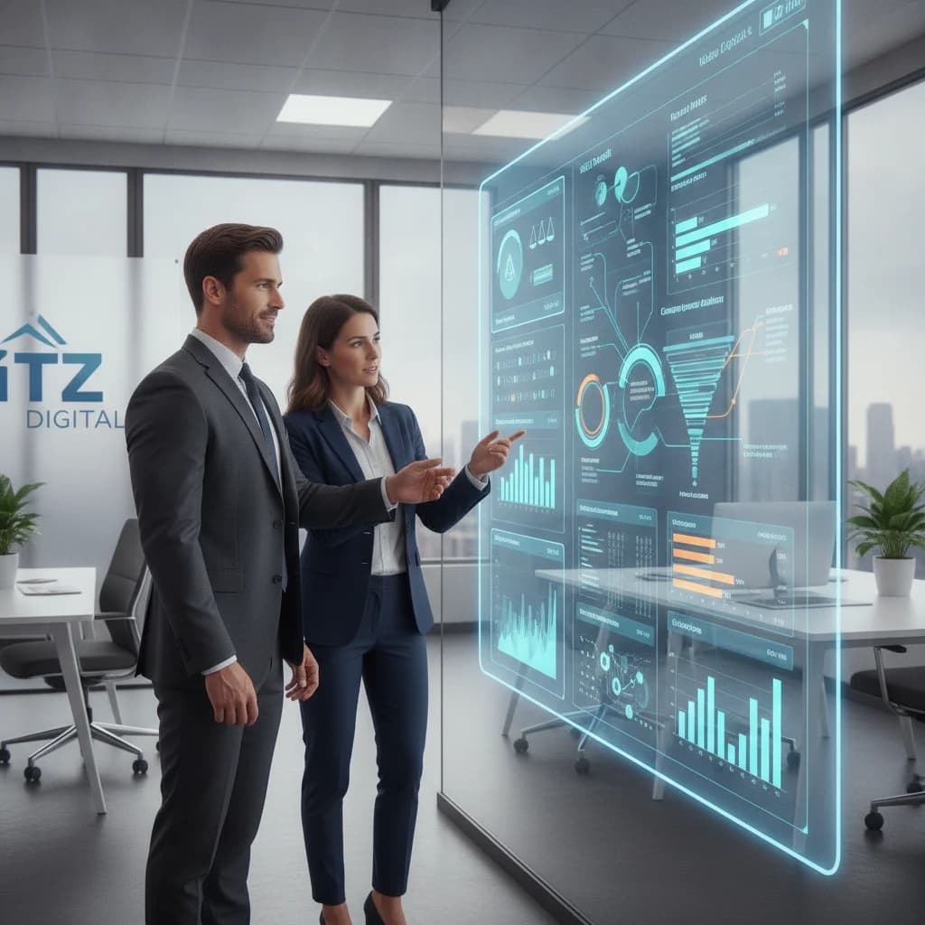 A modern, sleek office environment with a personal injury lawyer and an ITZ Digital marketing specialist collaborating on a digital marketing strategy, looking at a large screen displaying analytics and lead generation funnels. The image should convey professionalism, partnership, and digital growth, with no text overlays and bright, clear lighting.