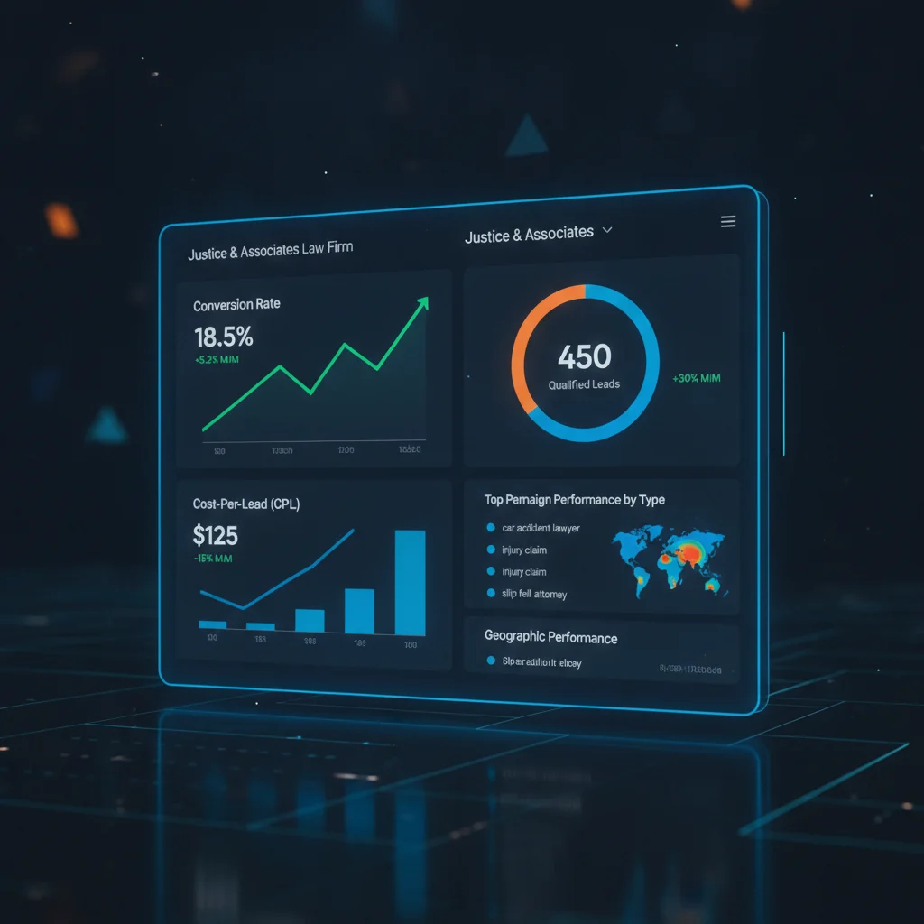 A vibrant, professional digital marketing dashboard displaying Google Ads performance metrics, specifically tailored for a personal injury law firm. The dashboard shows rising conversion rates, decreasing cost-per-lead, and increasing qualified leads. The design is clean, modern, and high-tech, with graphs and numbers clearly visible. No text overlays, no competitors, no low-lighting.