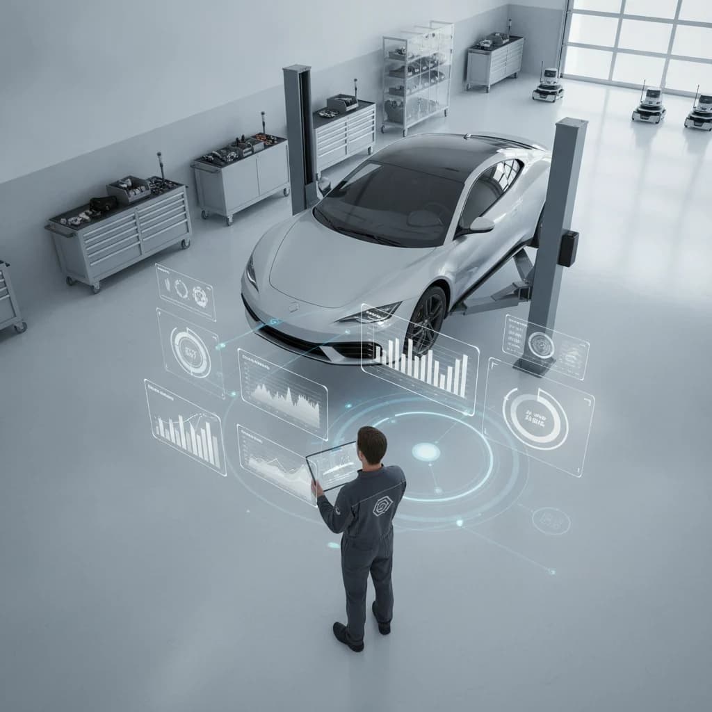 A detailed, high-angle shot of a modern, clean mechanic's garage with a car on a lift. In the foreground, a professional-looking mechanic is reviewing performance data on a tablet, with a subtle, futuristic digital overlay of analytics graphs and conversion funnels projected around him. The scene is well-lit, emphasizing innovation and efficiency. NO text in image, NO competitors, NO low-lighting.