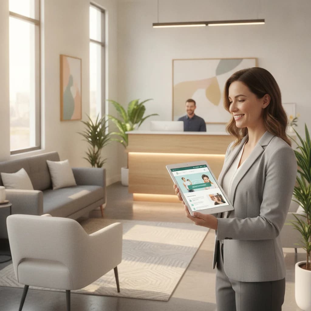 A modern, professional chiropractor's office reception area with a clean, user-friendly website displayed on a tablet held by a smiling patient. Focus on conversion and patient acquisition, bright and inviting atmosphere, no text, no competitors, no low-lighting.