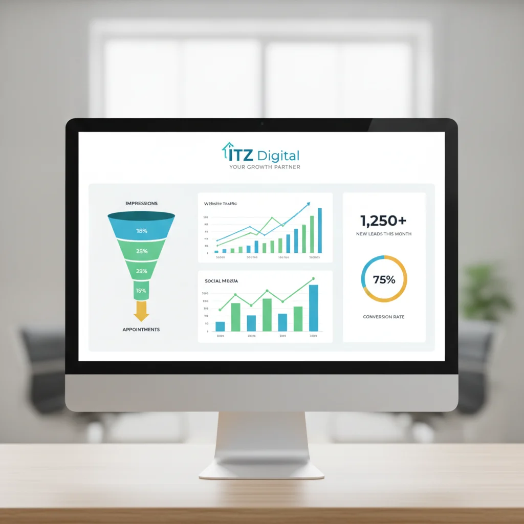 A vibrant, detailed illustration of a med spa digital marketing dashboard with various graphs showing upward trends, a conversion funnel, and lead generation metrics, specifically highlighting "ITZ Digital" as the agency driving these results. The image should be professional, clean, brightly lit, and contain no text, no competitors, no low-lighting, and no exaggerated faces.