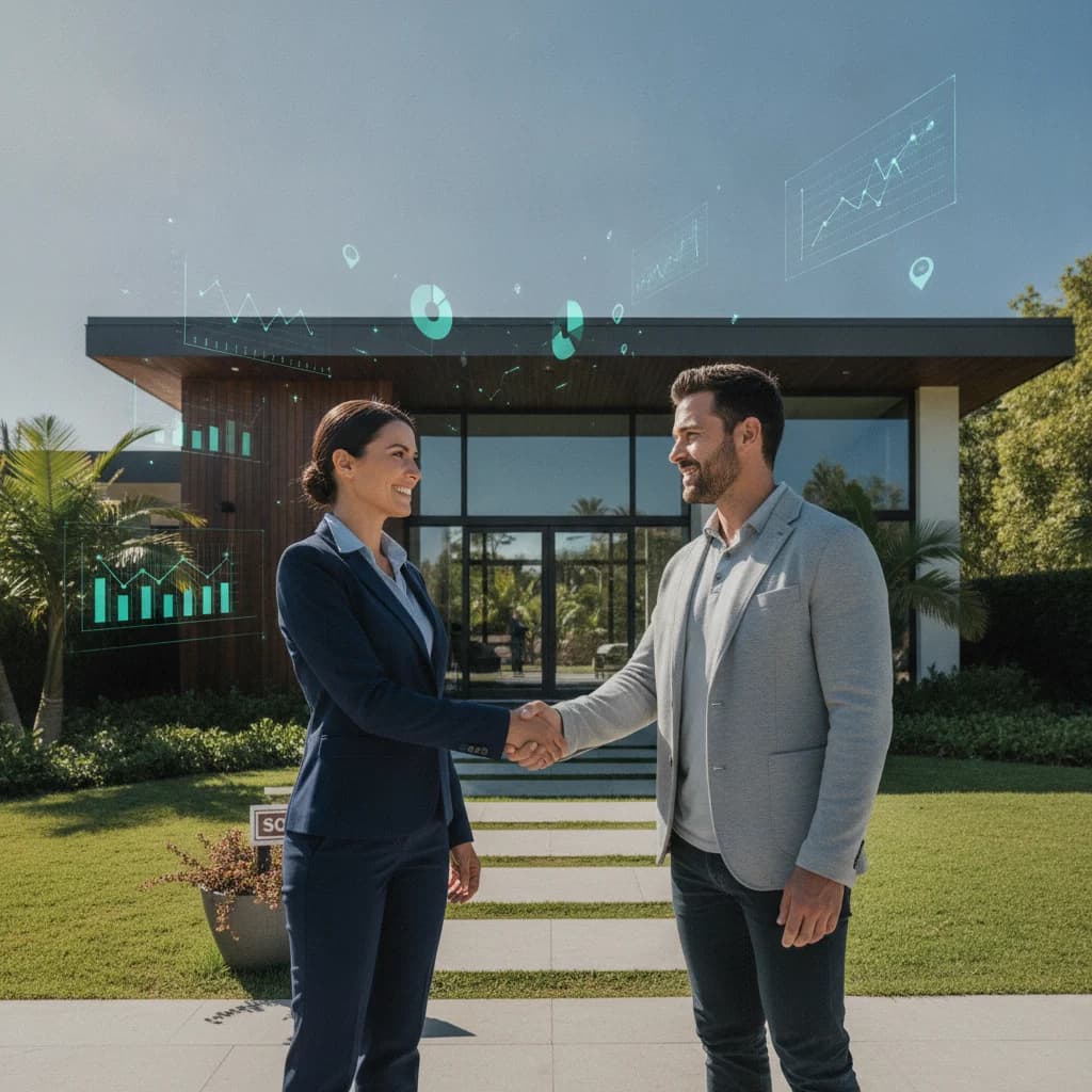 A professional real estate agent shaking hands with a client in front of a modern home, with a subtle digital overlay representing data analytics and Google Ads performance metrics, no text overlays, bright, clear lighting.
