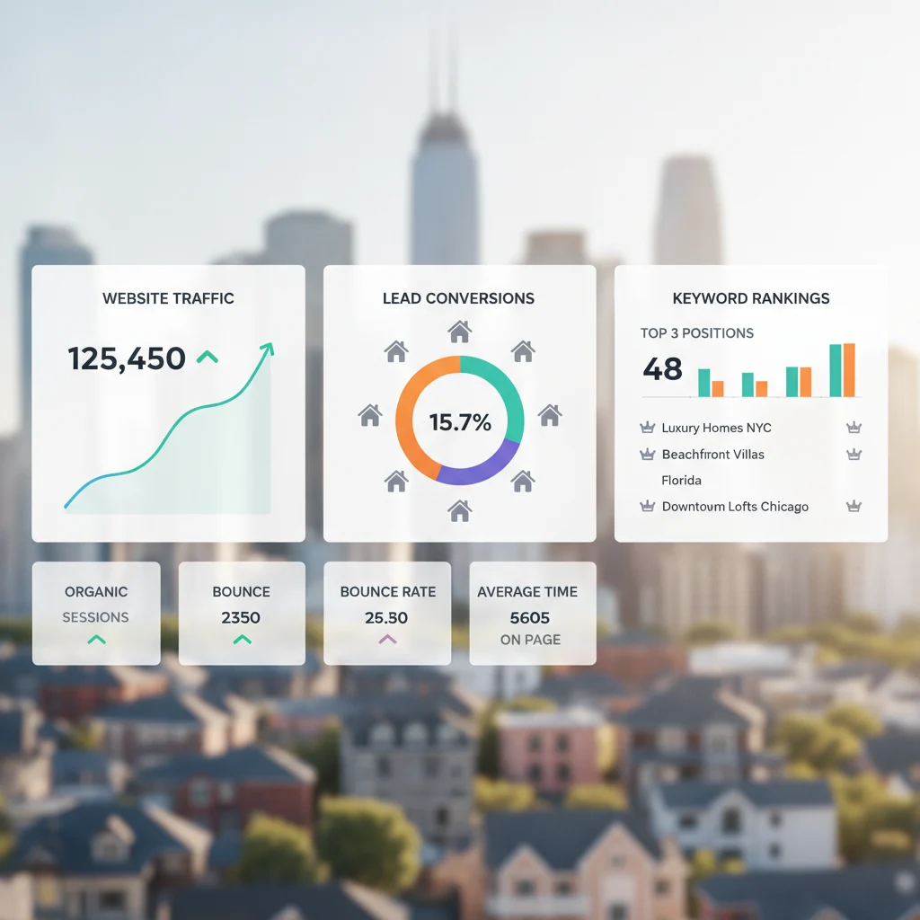 A professional, bright, and modern digital marketing dashboard displaying real estate specific SEO metrics like website traffic, lead conversions, and keyword rankings, with a subtle background of houses or a city skyline. No text overlays, no competitors, no low-lighting, no blurred listings.