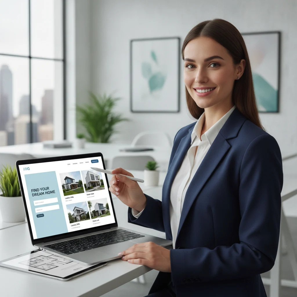 A professional real estate agent smiling confidently while looking at a sleek, high-performing laptop displaying a modern real estate website with lead capture forms and property listings. The background is a bright, contemporary office setting. No text overlays, NO text in image, NO competitors, NO low-lighting, NO blurred listings.