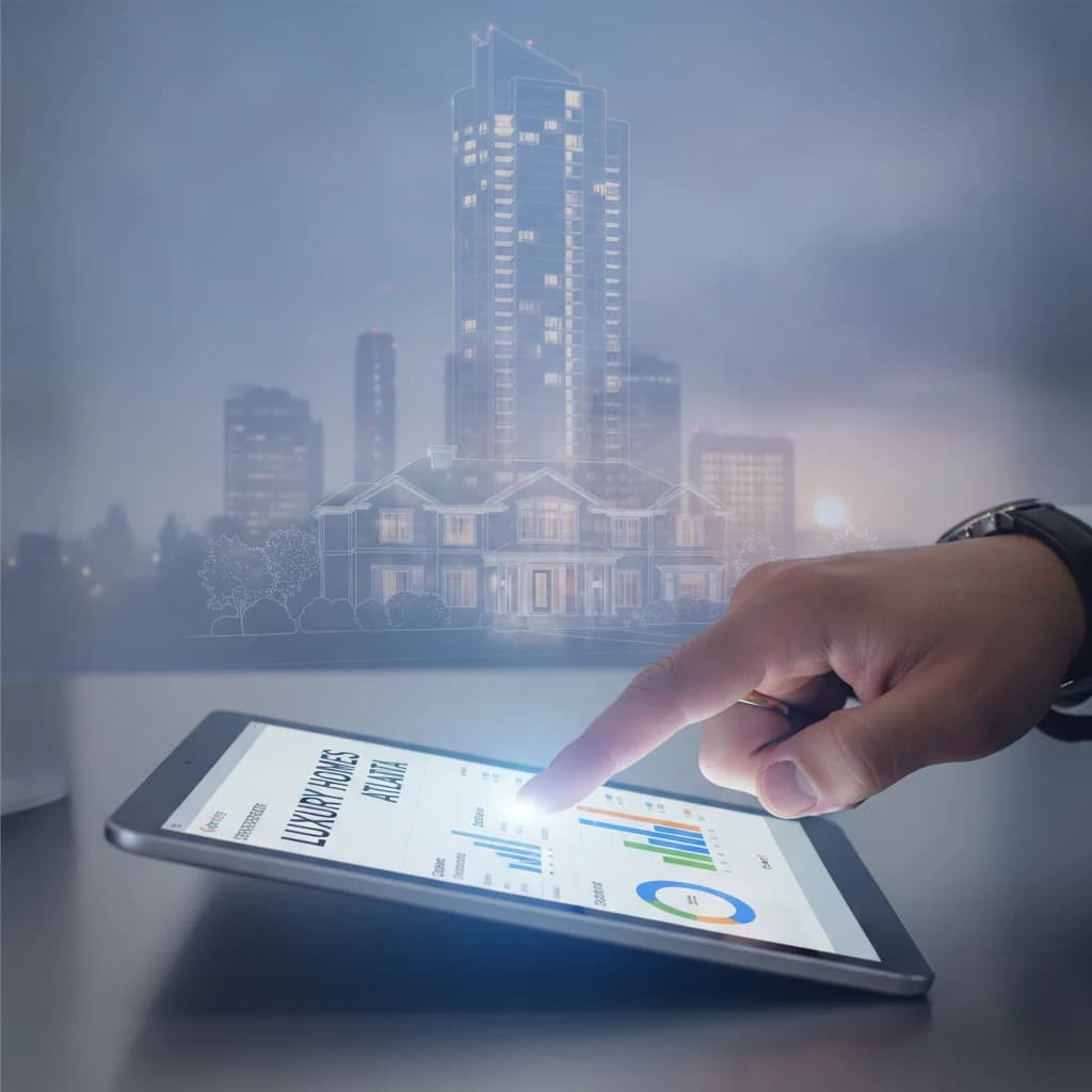 A professional, modern image depicting a real estate agent's hand interacting with a digital tablet displaying Google Ads analytics, with a blurred cityscape or house outline in the background. The image should be clean, well-lit, and convey technology and real estate success.